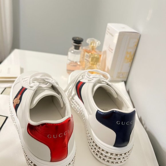 Gucci White Leather Crystal Studded Ace Lace Up Sneakers Size 38 - Picture 4 of 11